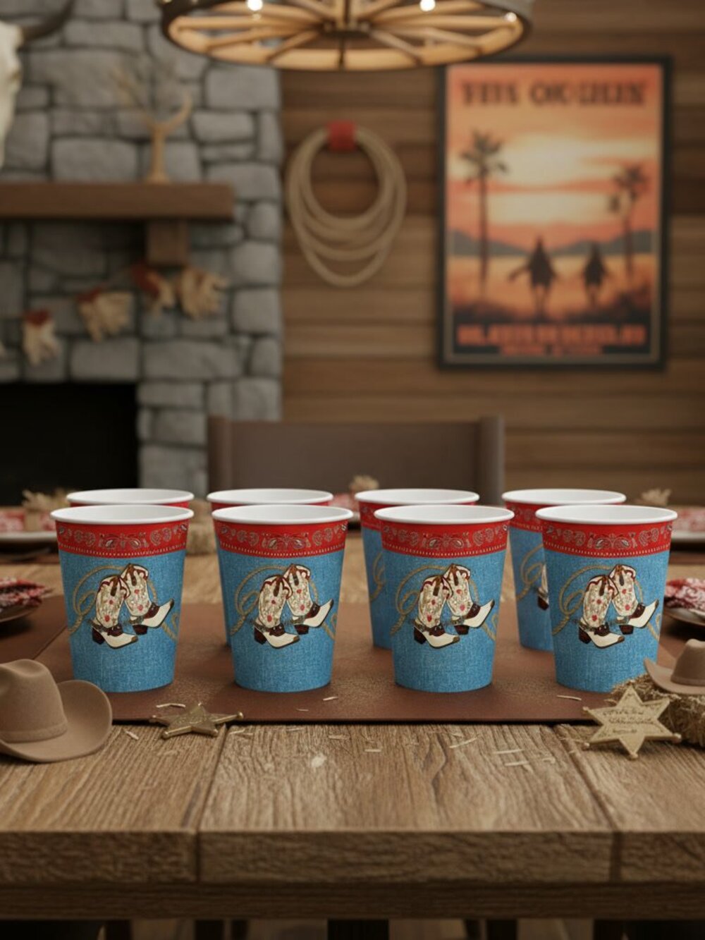 Western Cowboy Party Cups - 8ct 9oz Paper Cups Forum Way Out West Bandana Denim